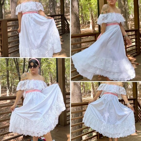 HANDMADE VTG (60s - 70s) RUFFLE & LACE full skirt wedding dress w/ ribbon tie! - Picture 11 of 14